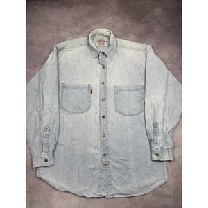 Vintage Bugle Boy Shirt Mens Medium Blue Denim Gold Crest Button‎ Up Pocket 90s